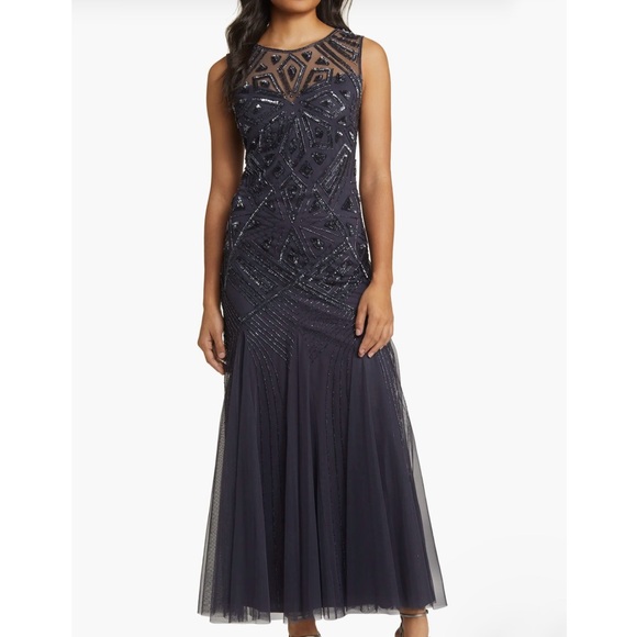 Pisarro Nights Slate Blue Geometric Beaded Sleeveless Gown D-2621 Size 14 - Picture 13 of 13